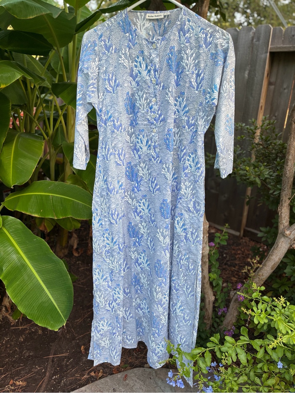ROLLER RABBIT Laure Maxi Kurta Dress Blue Block Cotton Print Boho Size XS